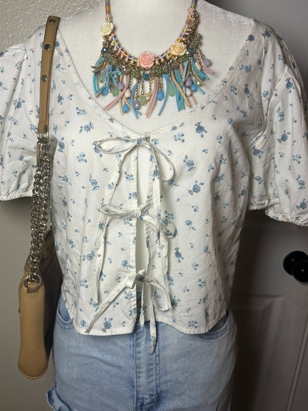 Blue & White Ditsy Floral Tie-Front Short Puff Sleeve Crop Top Small